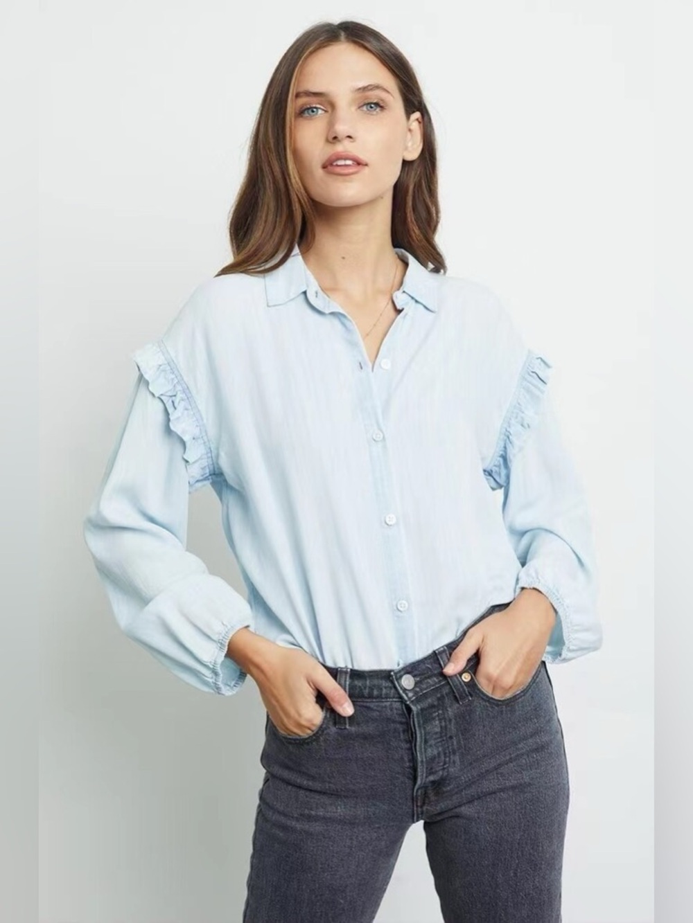 Rails Willow Light Vintage Ruffle Shoulder Button Down Shirt XL
